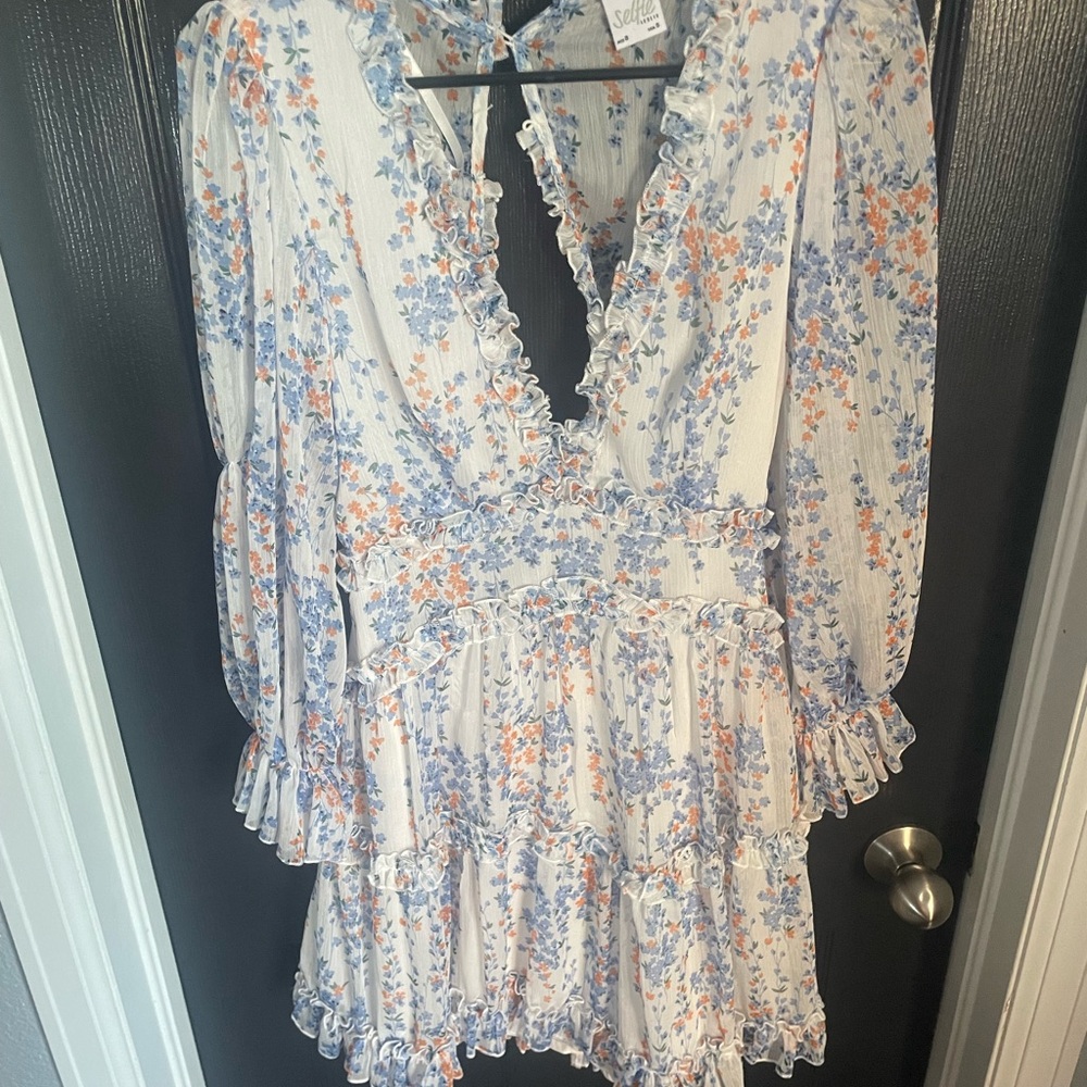 Selfie Leslie Floral Ruffle Dress in Blue and Orange